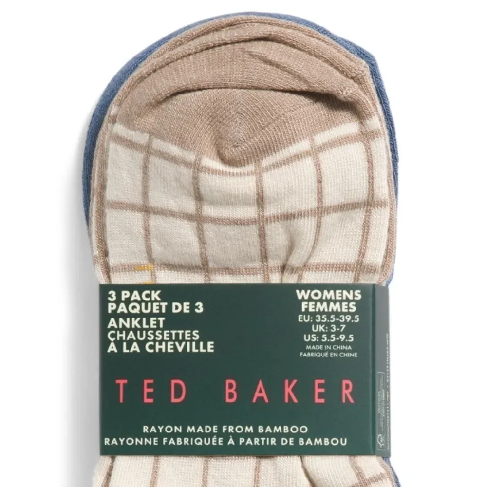 Ted Baker Tan Plaid Blue Dress Crew cut Knit Bamboo Blend Socks 3 pack